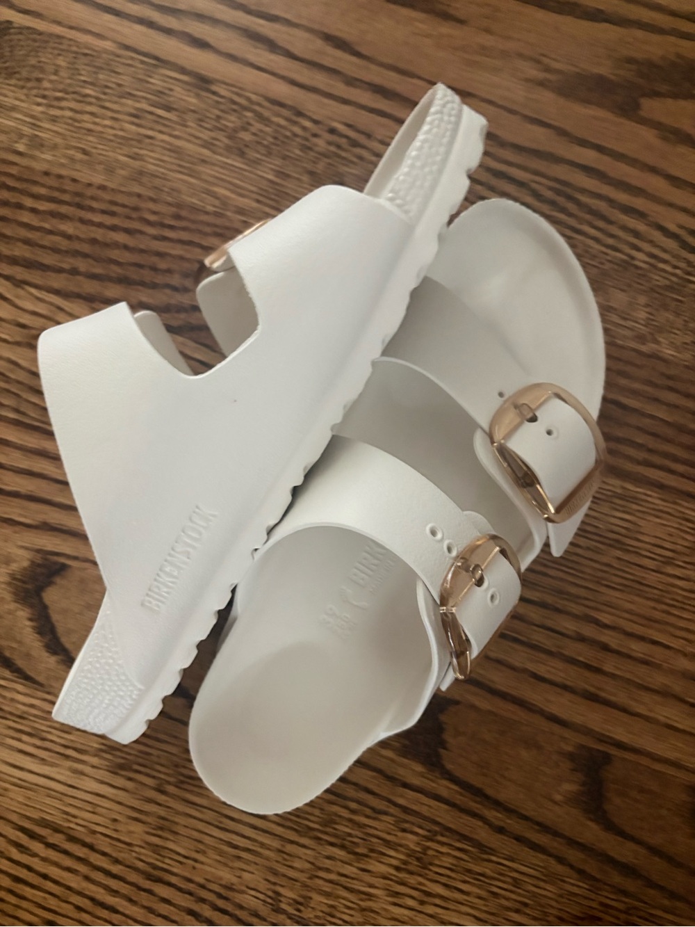 Birkenstock White Double-Strap Sandals with Rose Gold Buckles
